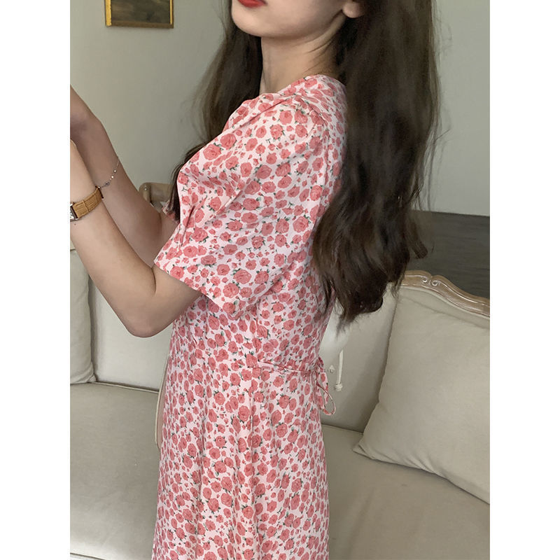 Rose Pink Rose 2021 Summer Fairy Dress Spring French One-piece Waist Floral Dress Tea Break Long Dress