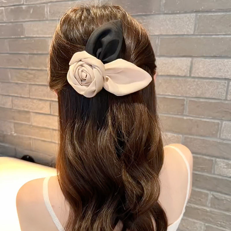 優雅緞面玫瑰花髮夾女後腦勺簡約彈簧夾子頭飾韓國氣質高級感發卡