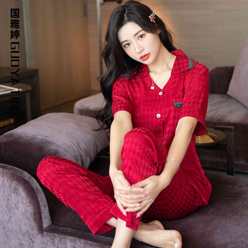 紅色喜慶高顏值結婚冰絲睡衣女夏季短袖長褲涼快空調服輕奢高檔裝