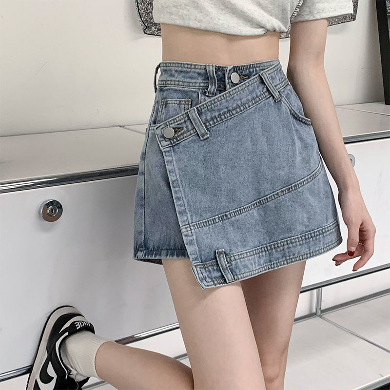 Irregular denim skirt skirt women's summer niche design hot girl high waist slim anti-skid culottes tide