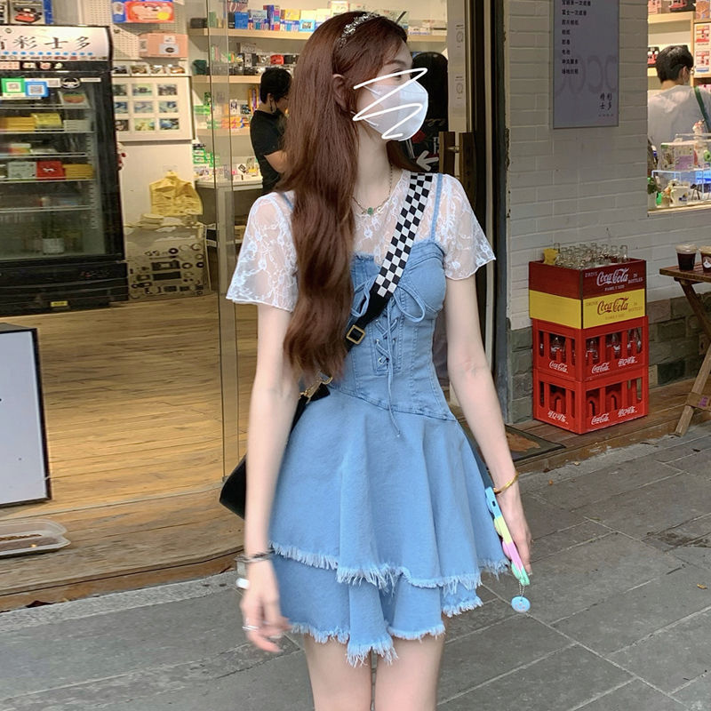減齡氣質時髦蛋糕裙牛仔連衣裙女夏季2022新款大碼收腹顯瘦短裙子