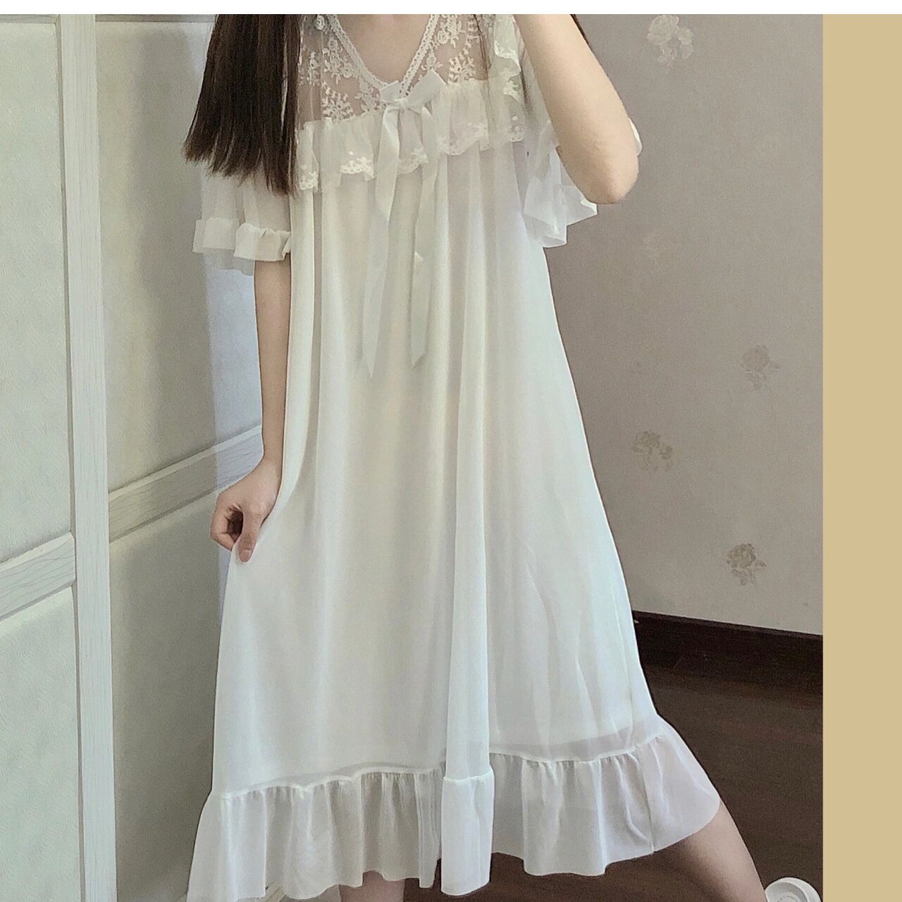 French pure desire wind mesh high-quality short-sleeved nightdress women's summer lace lace home sweet long dress