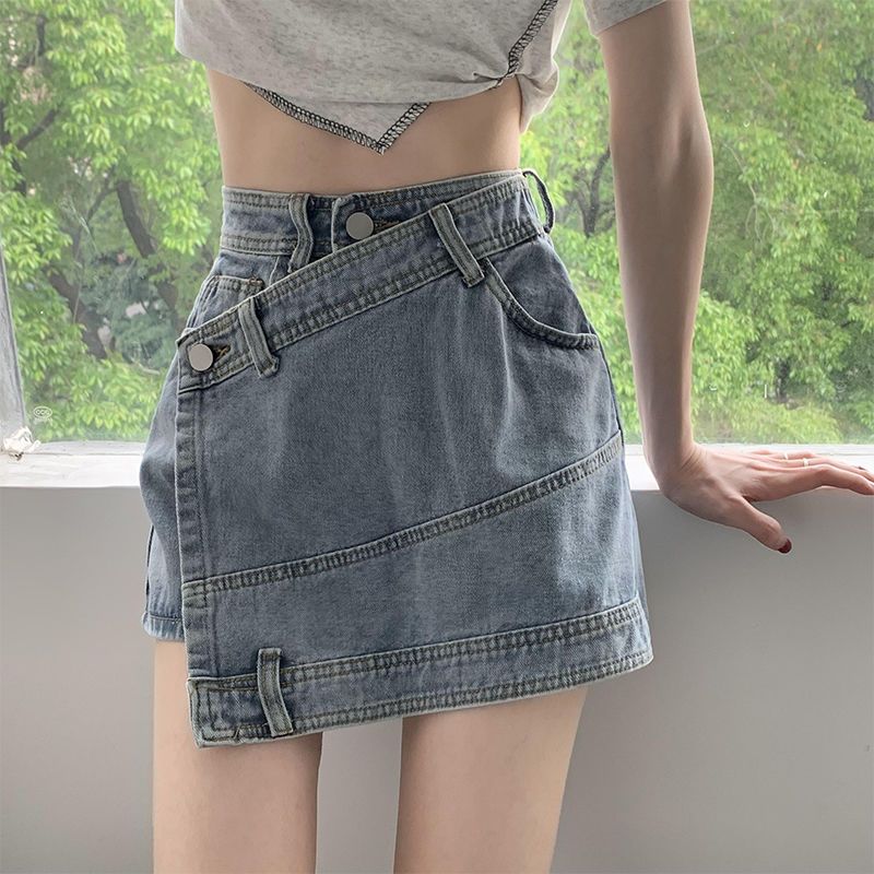 Irregular denim skirt skirt women's summer niche design hot girl high waist slim anti-skid culottes tide
