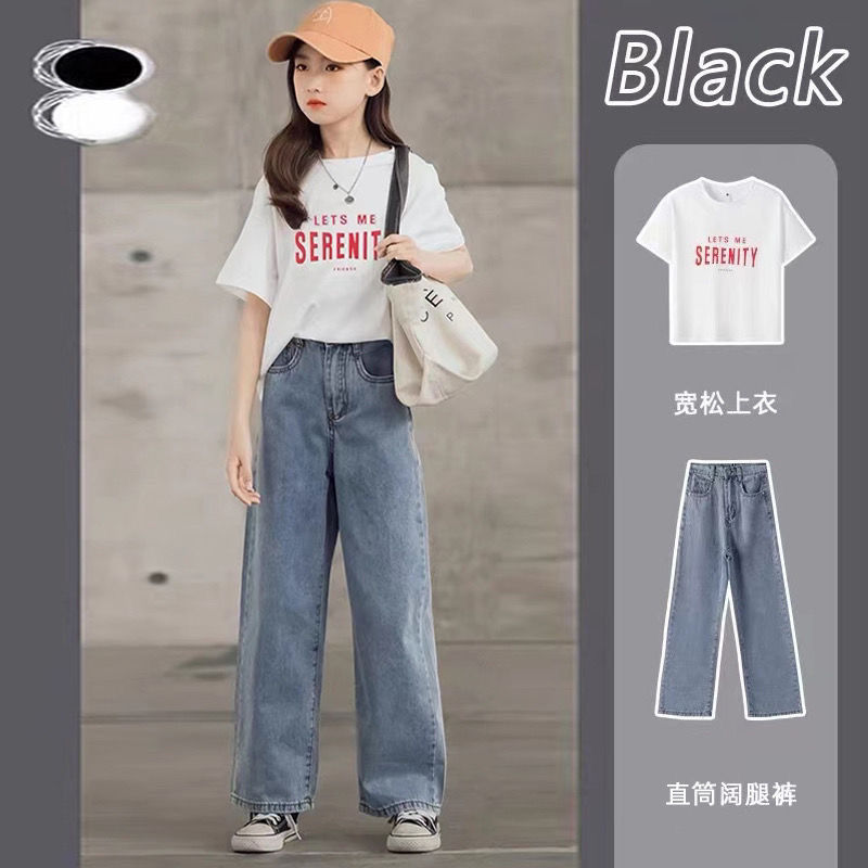 女童網紅套裝洋氣夏季2023新款中大童寬鬆女孩牛仔闊腿褲兩件套潮