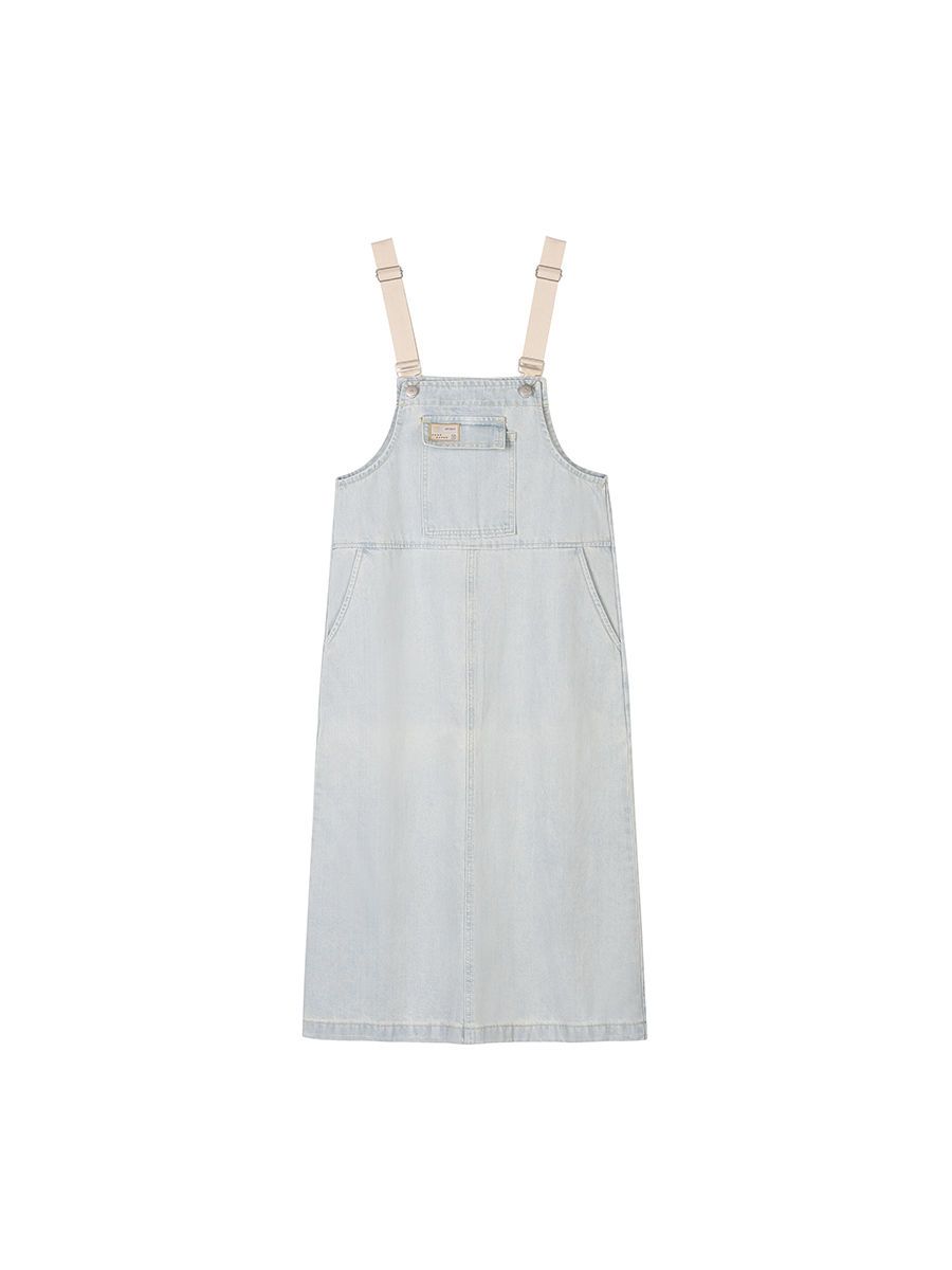 Pure color denim suspender skirt women's summer new Korean version loose and age-reducing small man mid-length straight dress