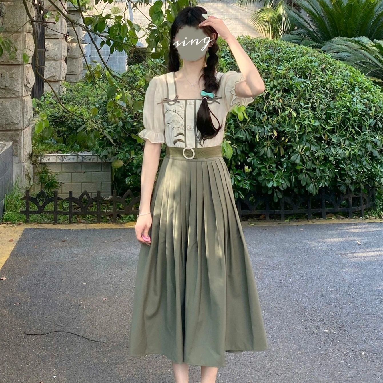 Splicing fake two-piece retro improved Han element dress female students waist slim mid-length skirt college fashion girl