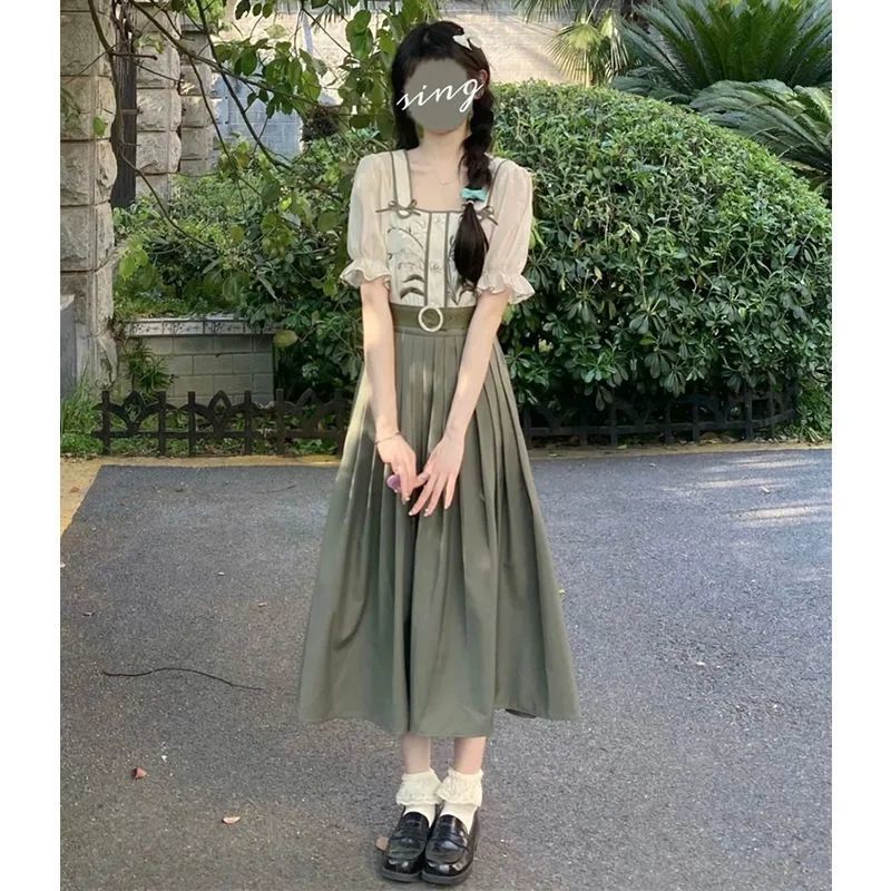 Splicing fake two-piece retro improved Han element dress female students waist slim mid-length skirt college fashion girl