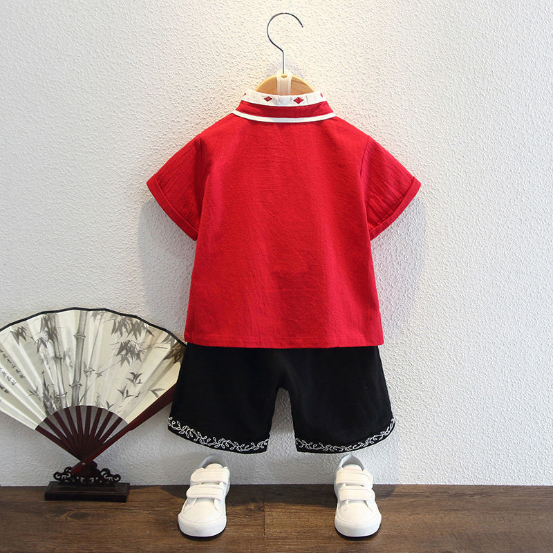 男童汉服夏装改良短袖红色中国风古装儿童唐装两件套周岁宝宝礼服