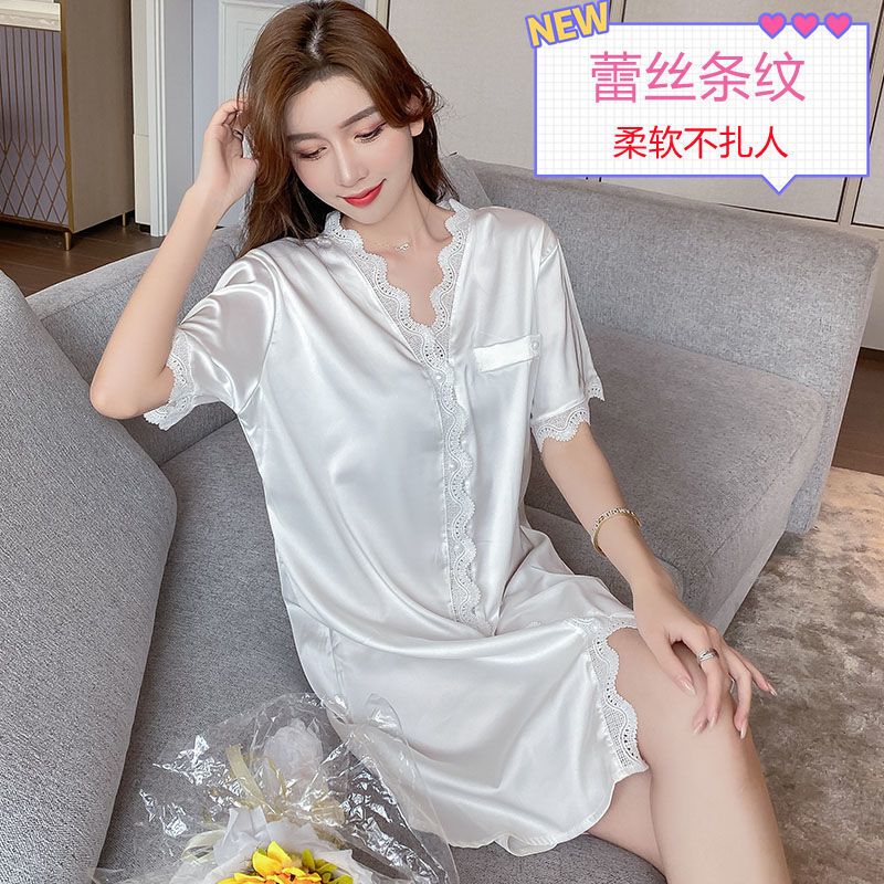 High-end nightdress ladies summer thin ice silk short-sleeved loose casual summer real silk home service lace lace