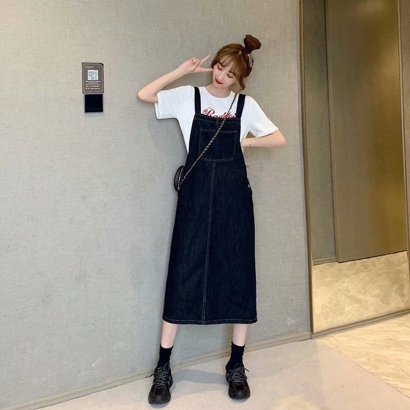 後開叉深藍色牛仔背帶裙女春秋新款寬鬆百搭中長款復古吊帶連衣裙
