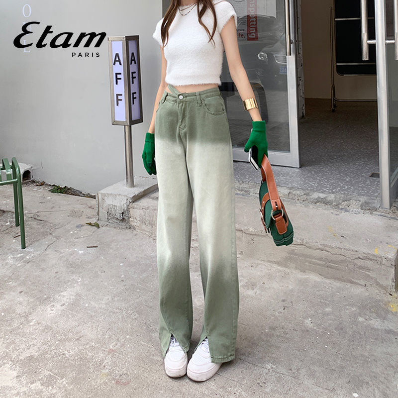 ETAM开叉直筒牛仔裤女夏高腰显瘦设计感小众宽松渐变拖地阔腿裤子