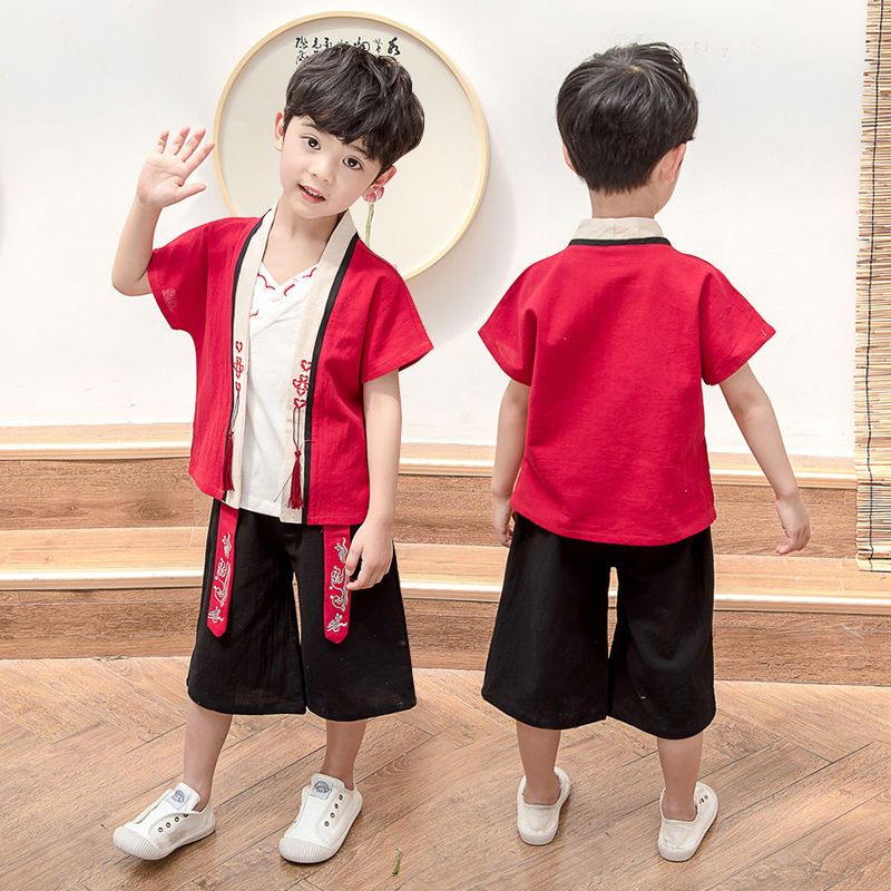 汉服男童夏季薄款套装中国风古装宝宝儿童中式男孩棉麻唐装两件套