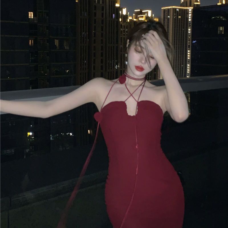 Red suspender dress female  spring pure desire style sexy scheming hot girl tight bag hip skirt