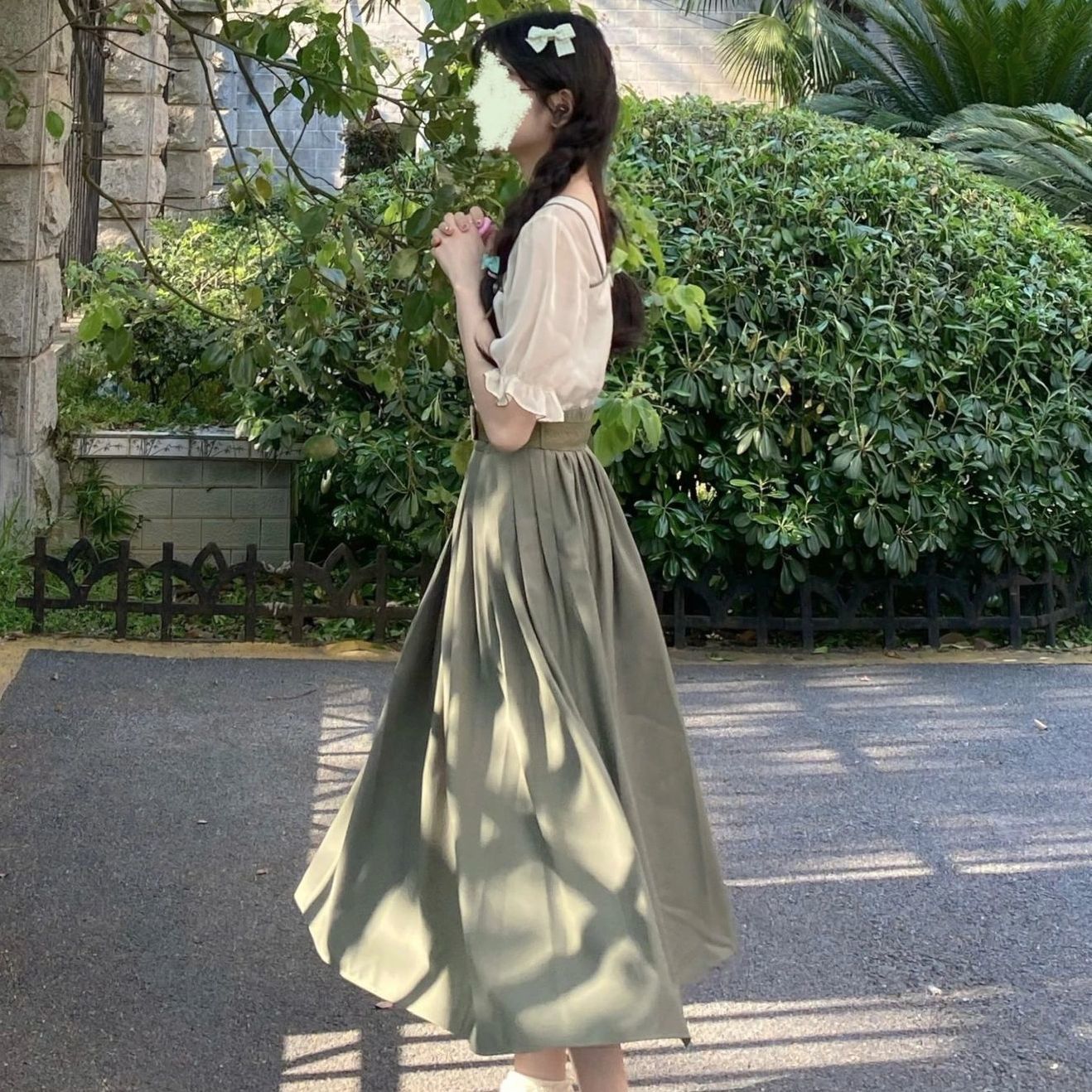 Splicing fake two-piece retro improved Han element dress female students waist slim mid-length skirt college fashion girl