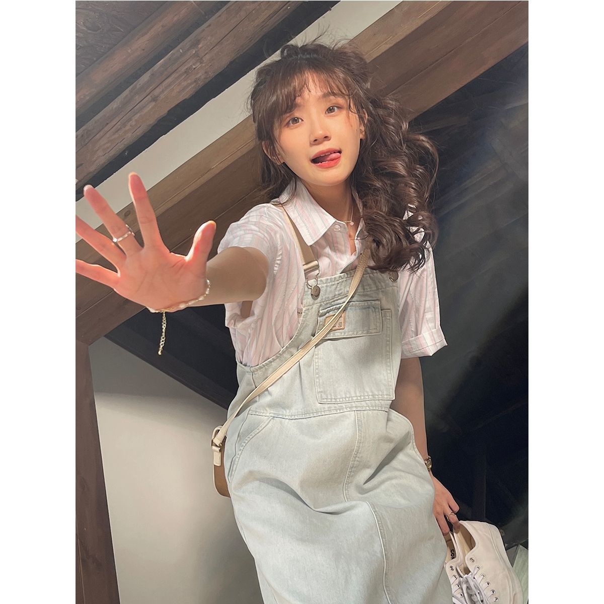 Pure color denim suspender skirt women's summer new Korean version loose and age-reducing small man mid-length straight dress