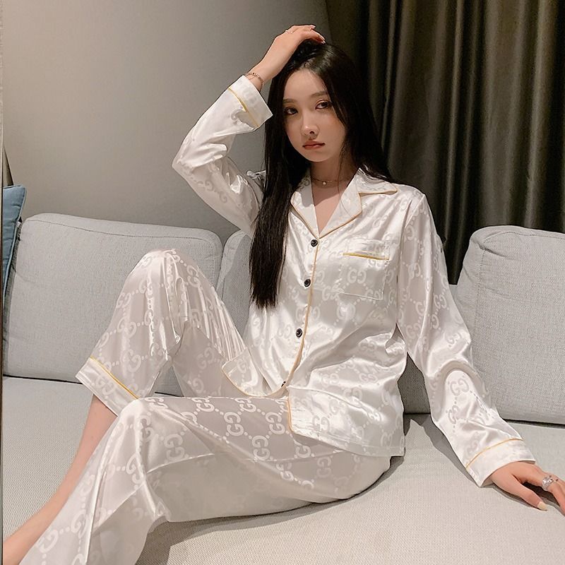冰絲面料睡衣女春秋款長袖薄款透氣寬鬆韓版真絲綢夏天家居服套裝