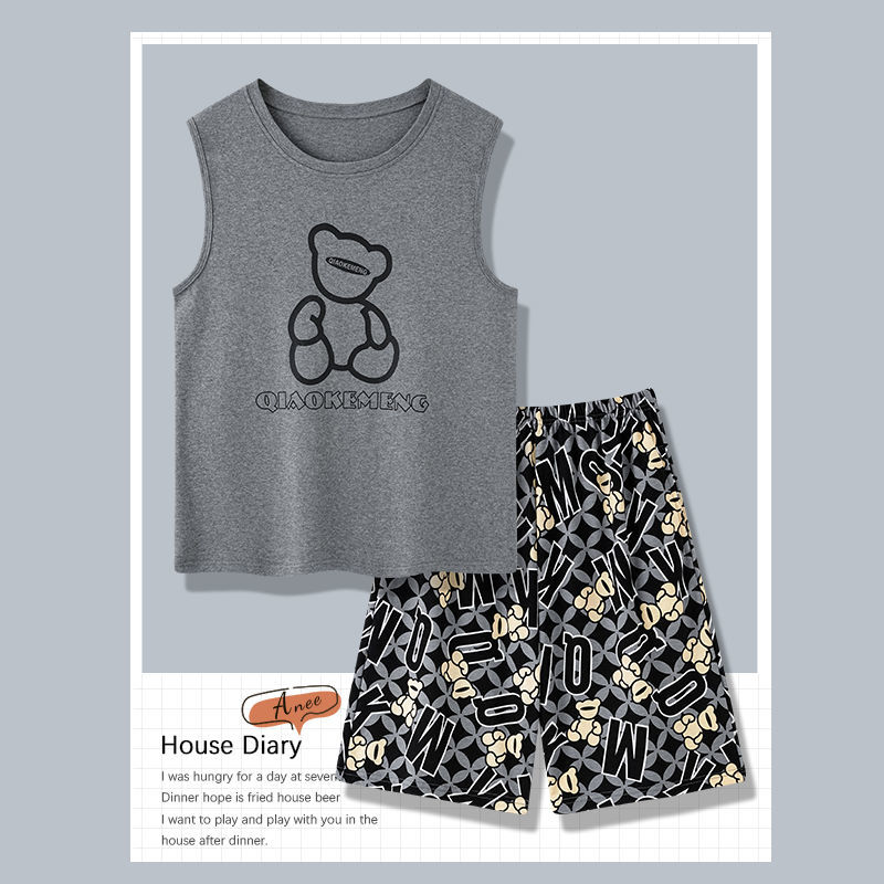 Pajamas Men's Summer Cotton Sleeveless Vest Summer Thin Section Teen Students Cartoon Large Size Home Service Set