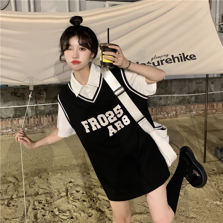 Summer college style polo shirt design feeling niche female loose fake two-piece basketball uniform top short-sleeved thin T-shirt