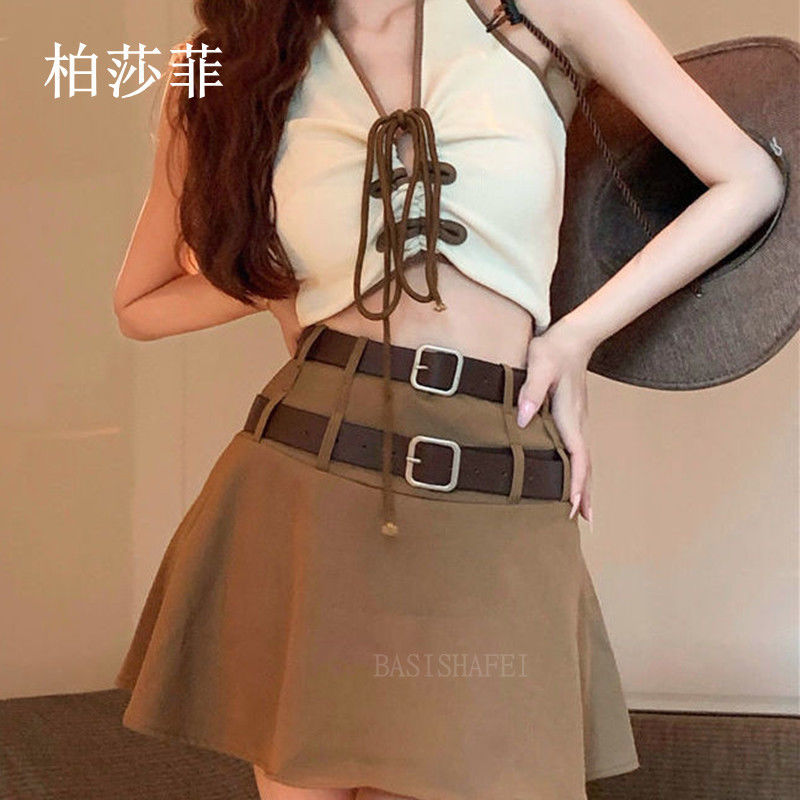 純欲性感掛脖吊帶小背心夏季短款甜辣妹打底上衣外穿半身裙套裝女