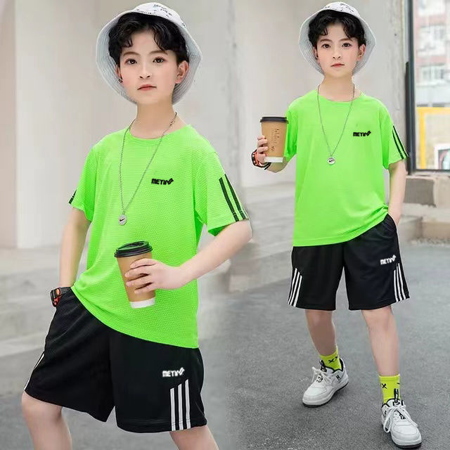 Children's summer new quick-drying sports casual short-sleeved shorts medium and large boys two-piece loose breathable suit tide