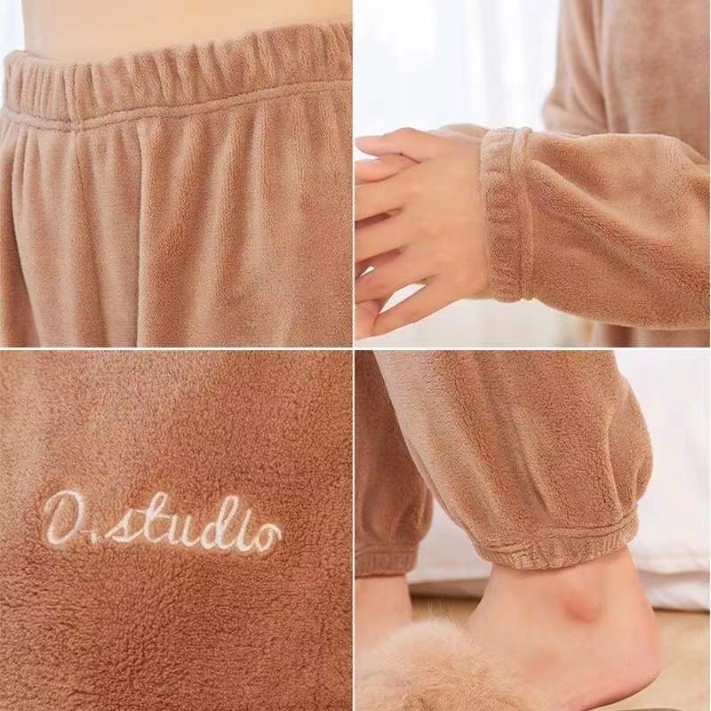 Single/set pajamas women's winter coral fleece thickened plus velvet warm loose casual warm pants home service set