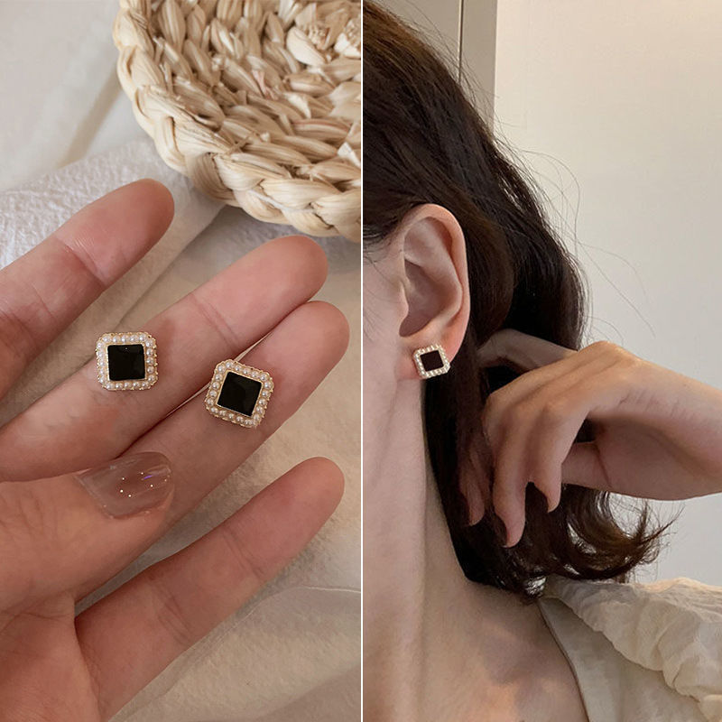 復古方形珍珠耳釘耳環簡約女小巧冷淡風高級感銀針2023新款氣質