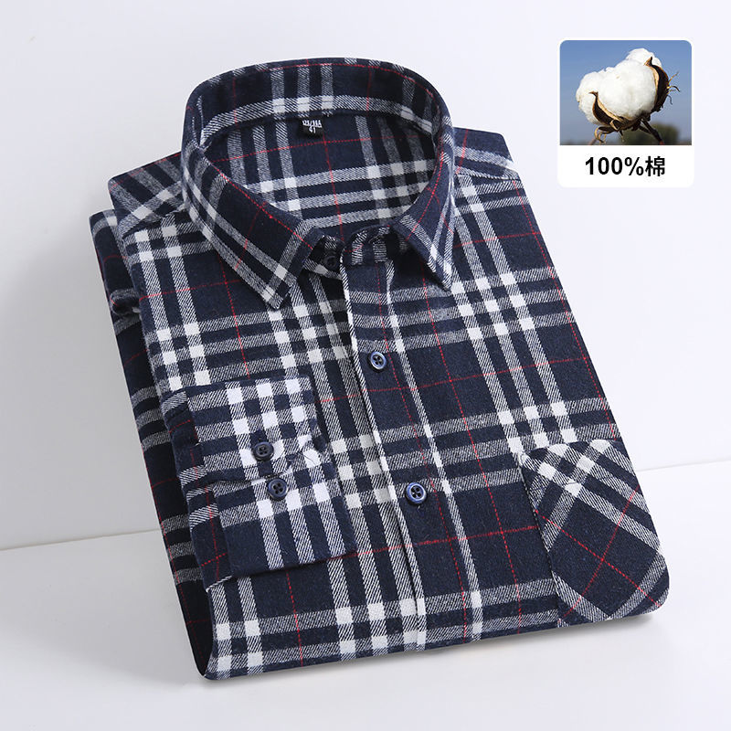 New plaid shirt men's long-sleeved cotton brushed coat casual all-match loose large size non-ironing top shirt