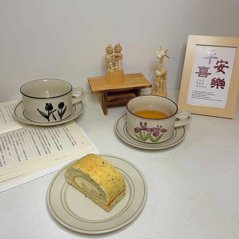 高颜值中古风韩国手绘陶土陶瓷下午茶咖啡杯碟套装郁金香文艺复古