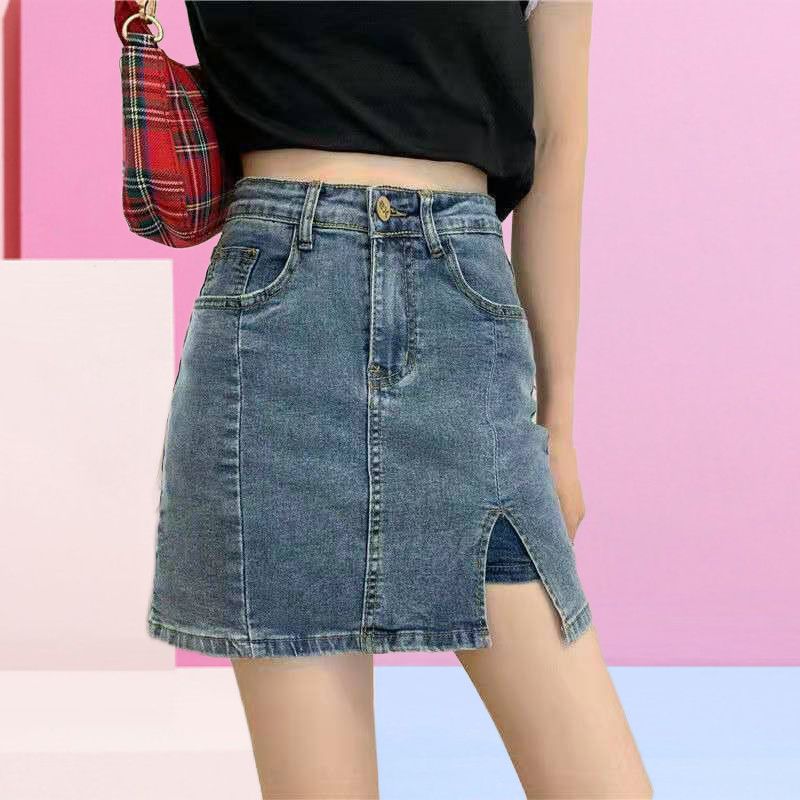 Stretch denim skirt short skirt female summer  new slim high waist a-line skirt hot girl bag hip slit skirt ins