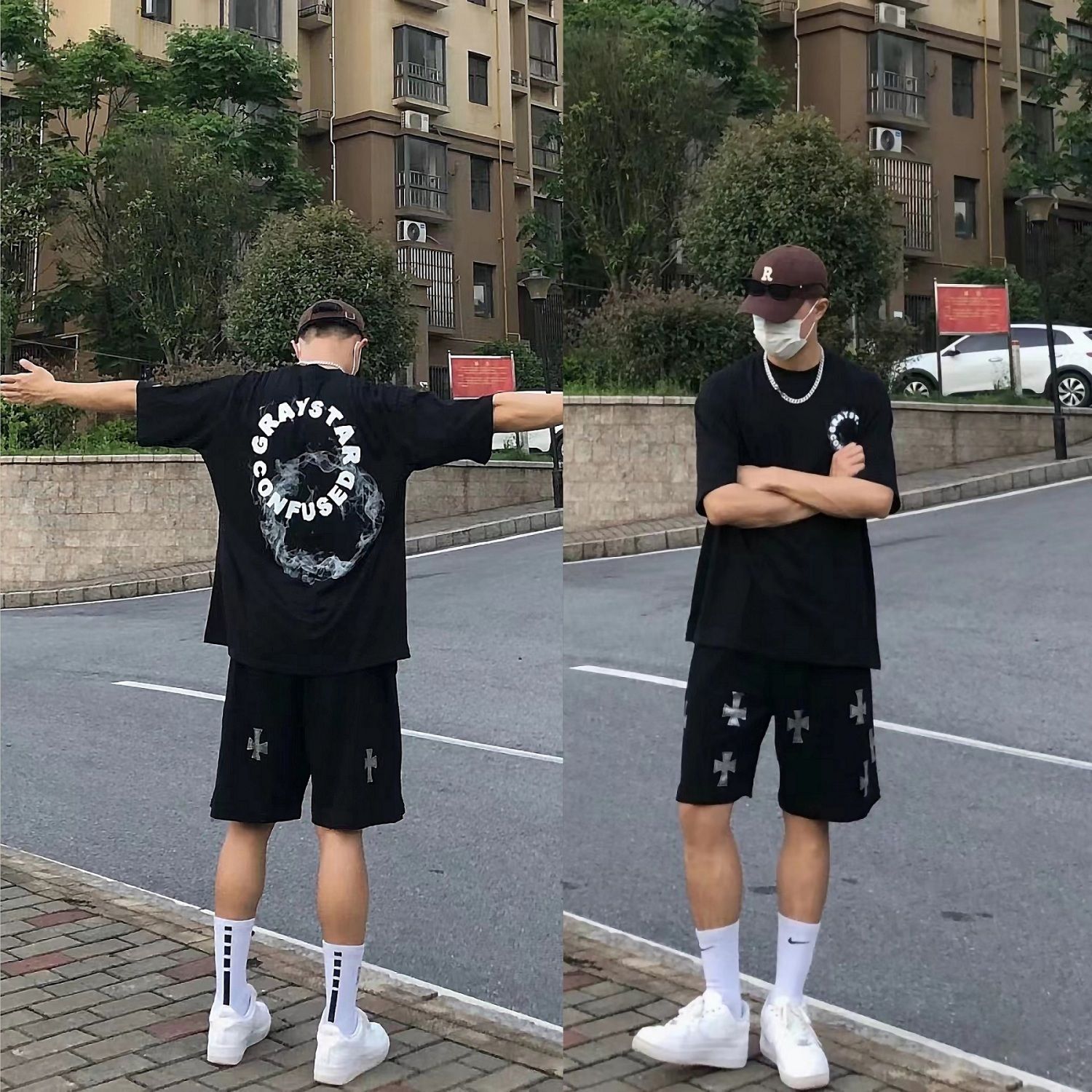 100%純棉煙圈潮男五分袖T恤男港風ins潮流寬鬆百搭夏季短袖上衣服