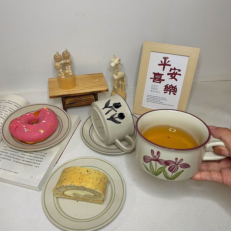 高颜值中古风韩国手绘陶土陶瓷下午茶咖啡杯碟套装郁金香文艺复古