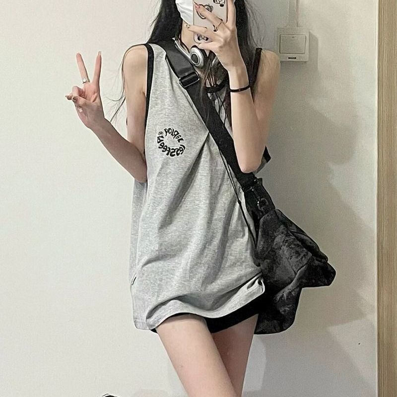 American retro sweet and spicy sleeveless t-shirt women's summer camisole loose outer wear oversize mid-length top