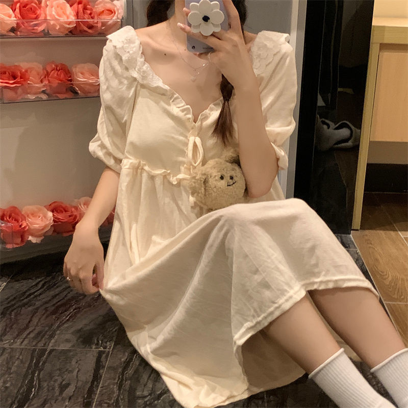 Korean version of ins summer sweet court style V-neck pullover flower bud sleeve cream mid-length nightdress pajamas home service