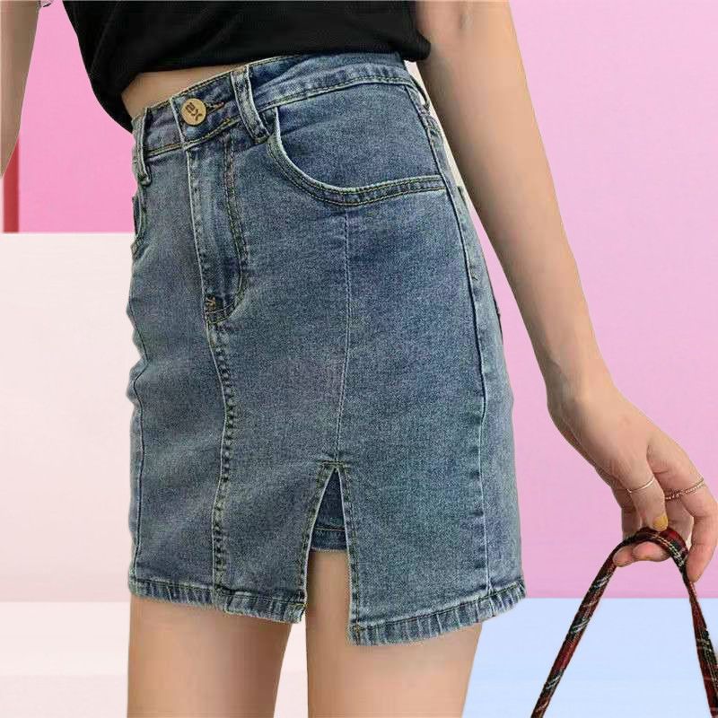 Stretch denim skirt short skirt female summer  new slim high waist a-line skirt hot girl bag hip slit skirt ins