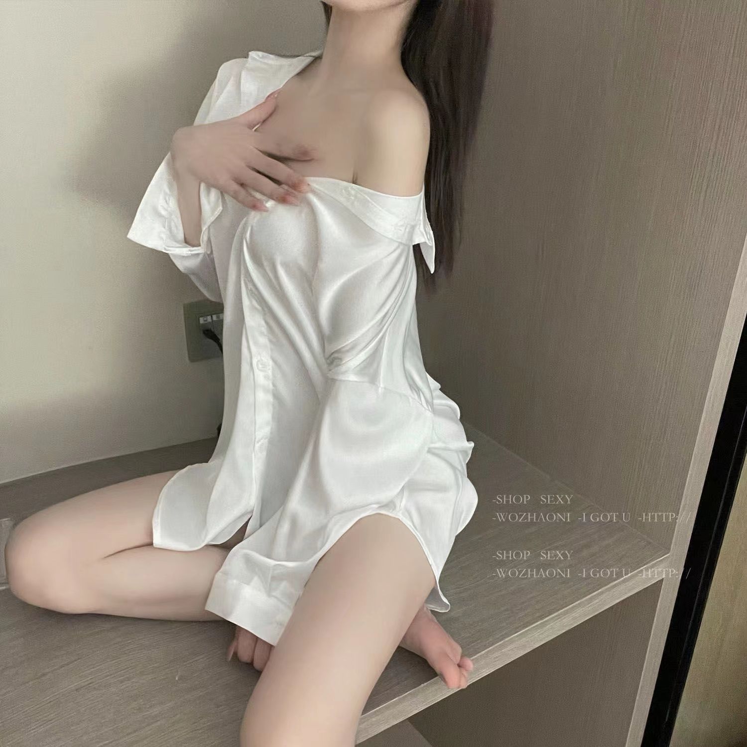 Sexy pajamas women's summer thin boyfriend shirt large size ice silk Hyuna long seductive thin high-end nightdress