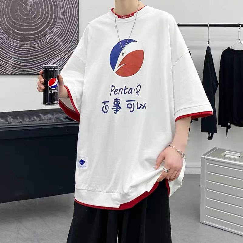 假兩件t恤男短袖夏季寬鬆大碼ins潮牌小眾白色上衣胖子半袖體恤衫