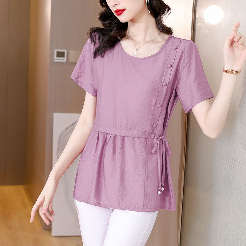 2023 summer new cotton and linen T-shirt short-sleeved top women's mid-length slim and western style all-match loose belly-covering shirt