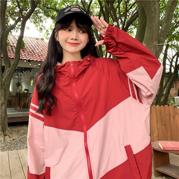 Contrast color hooded sun protection jacket for women, summer versatile loose lazy style casual thin jacket  new trend