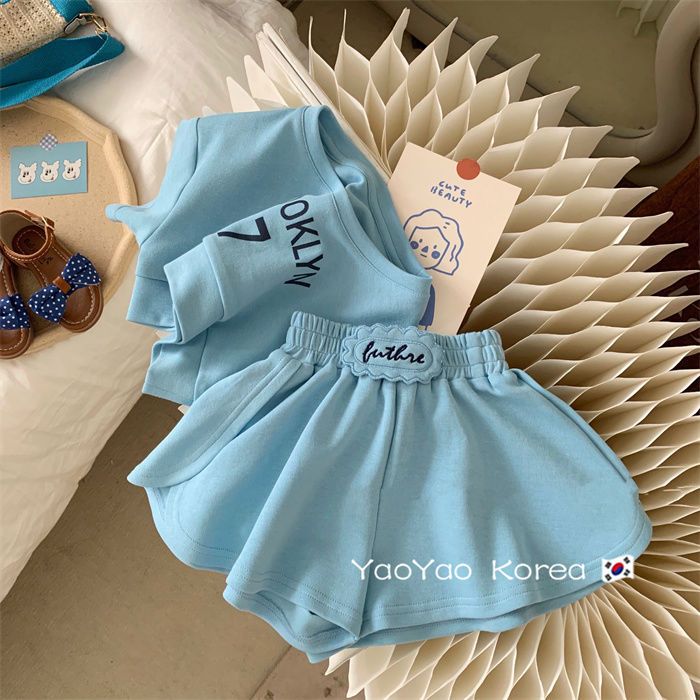 Girls summer suit foreign style 2022 summer latest children's short-sleeved T-shirt shorts two-piece set baby skirt pants
