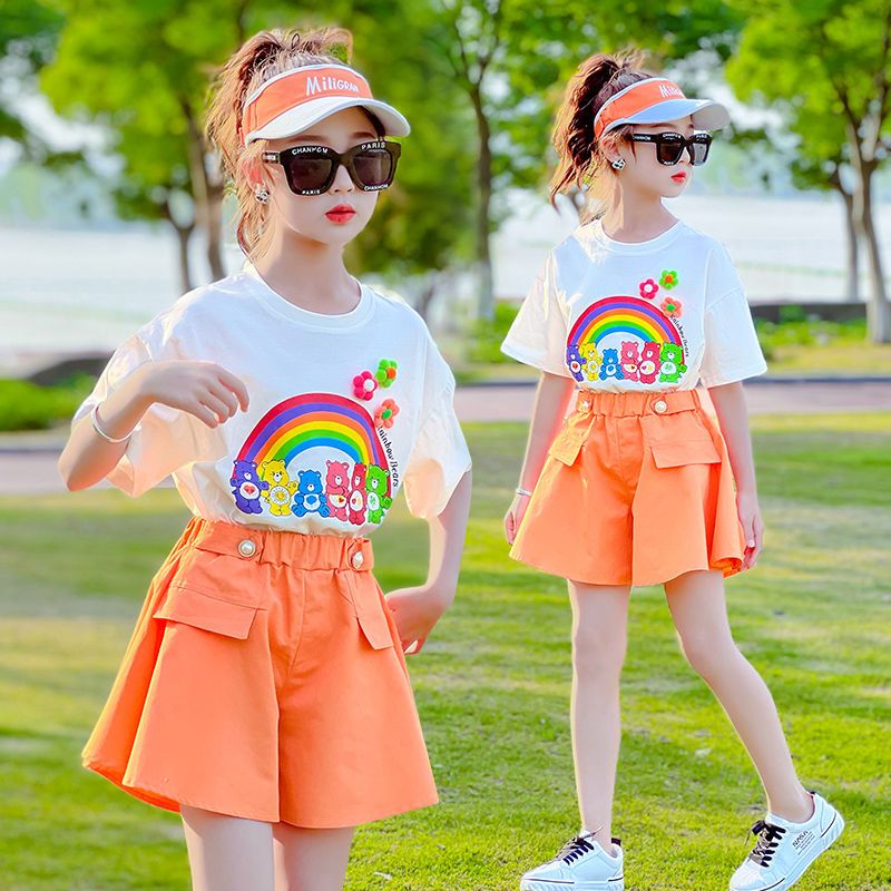Girls summer suit 2022 new children's clothing fashion foreign style net red big boy two-piece set girl 12 years old summer