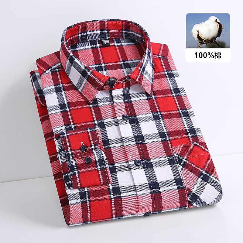 New plaid shirt men's long-sleeved cotton brushed coat casual all-match loose large size non-ironing top shirt