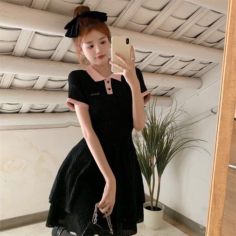Strap backless POLO collar short-sleeved dress summer new design sense black waist slimming sweet spicy skirt