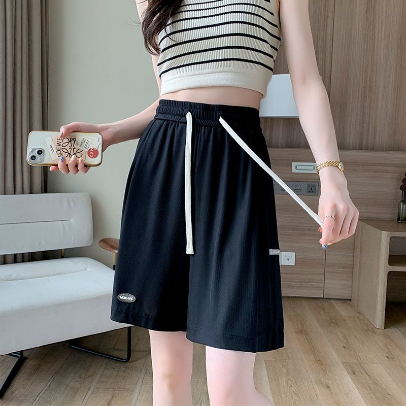 Large size ice silk sports shorts women's 2022 summer new casual wide-leg straight tube slim pants thin five-point pants