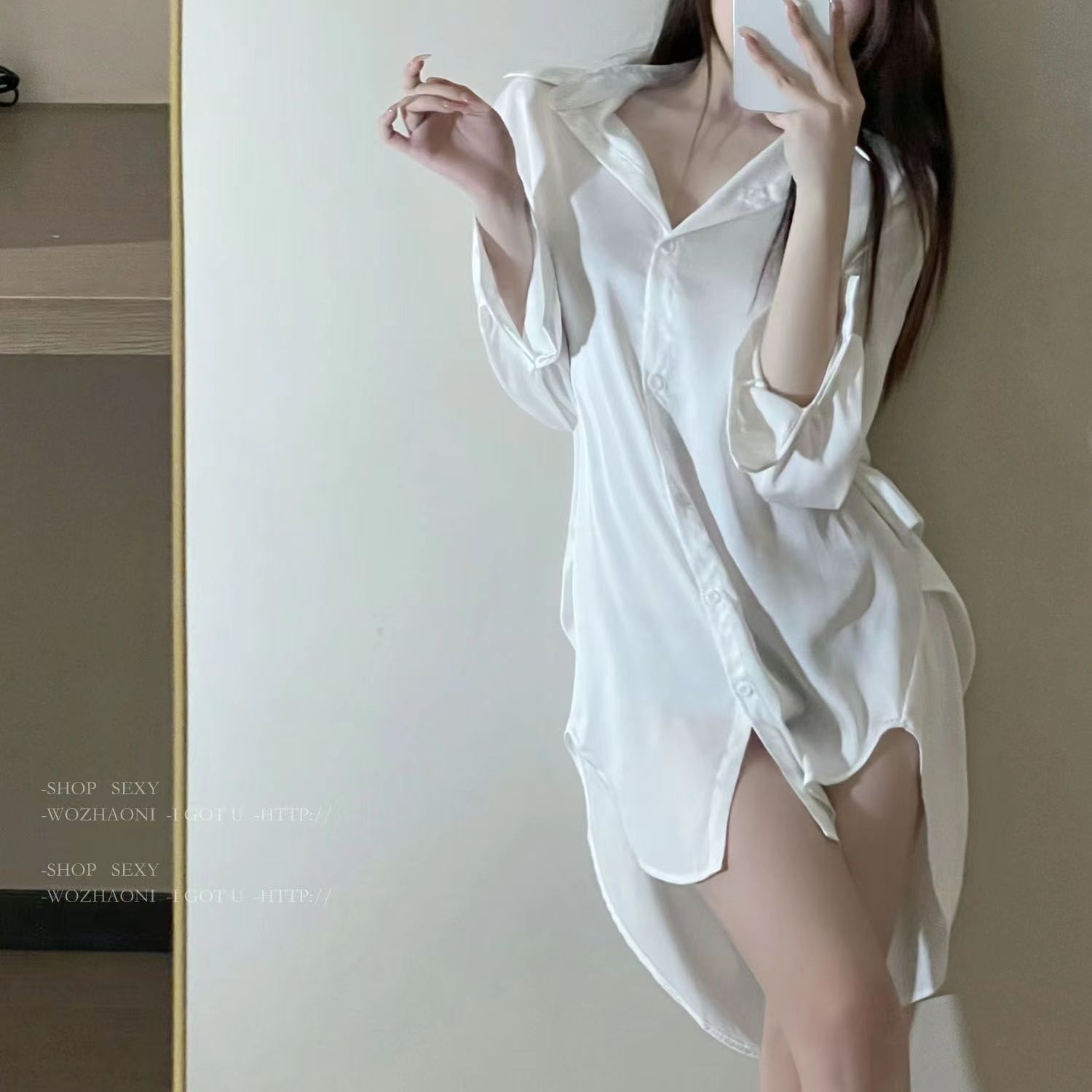 Sexy women's pajamas summer thin boyfriend shirt large size ice silk elegant long seductive thin high-end nightdress