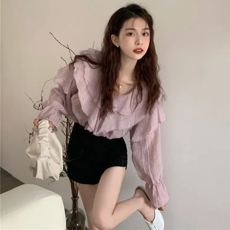 荷葉邊V領襯衫女春裝2023新款法式小香風設計感減齡氣質長袖上衣