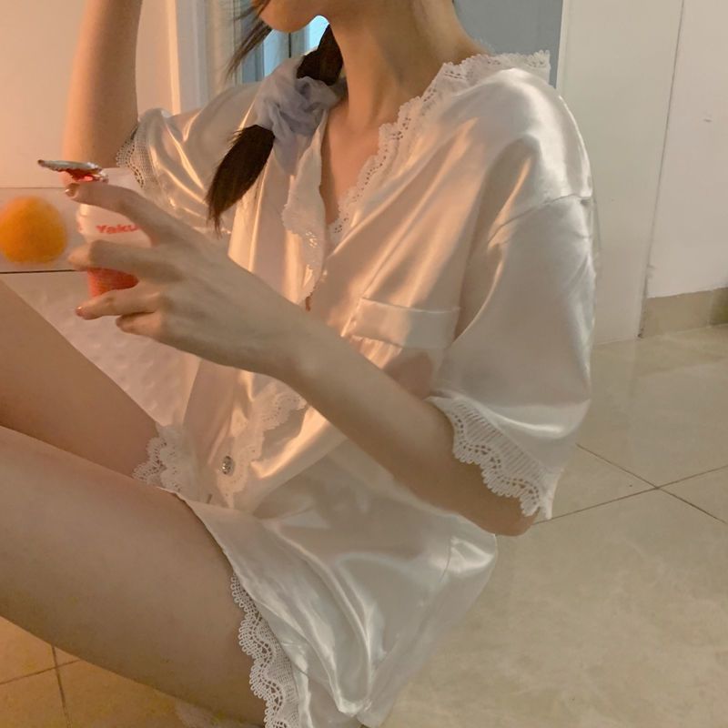 睡衣女夏季薄款冰絲短袖可愛韓版寬鬆休閒女生絲綢兩件套裝家居服