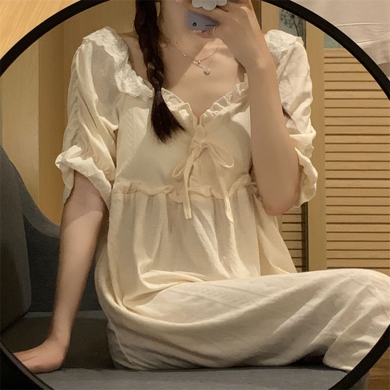 Korean version of ins summer sweet court style V-neck pullover flower bud sleeve cream mid-length nightdress pajamas home service