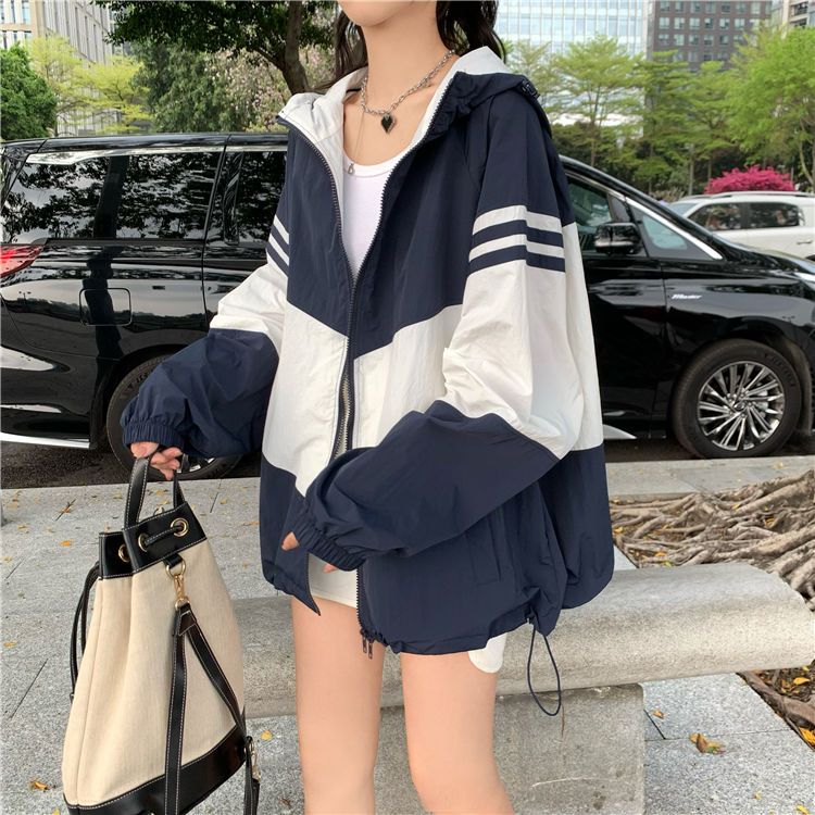 Contrast color hooded sun protection jacket for women, summer versatile loose lazy style casual thin jacket  new trend