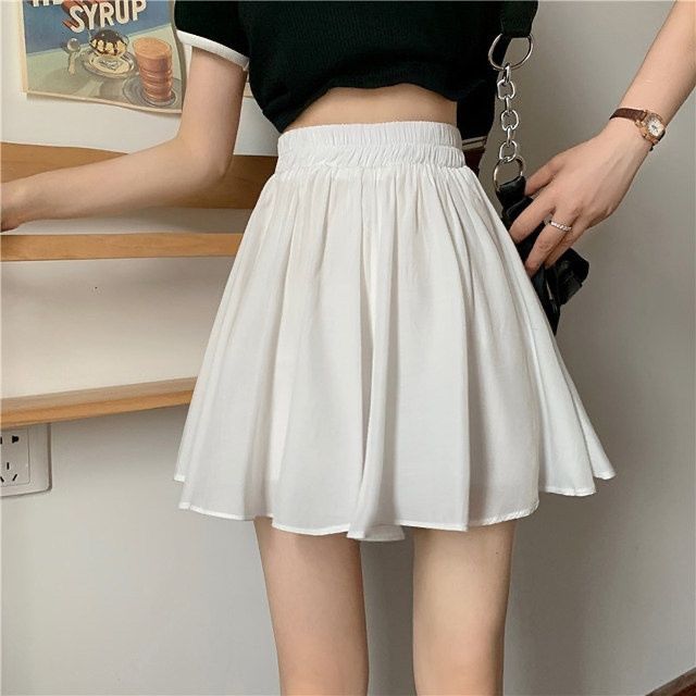 白色a字半身裙女夏季顯瘦小個子高腰垂感防走光百褶安全短褲短裙