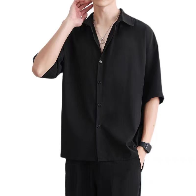 Hong Kong style summer ice silk shirt men's trendy loose high-end casual casual five-quarter sleeves solid color fashion all-match shirt